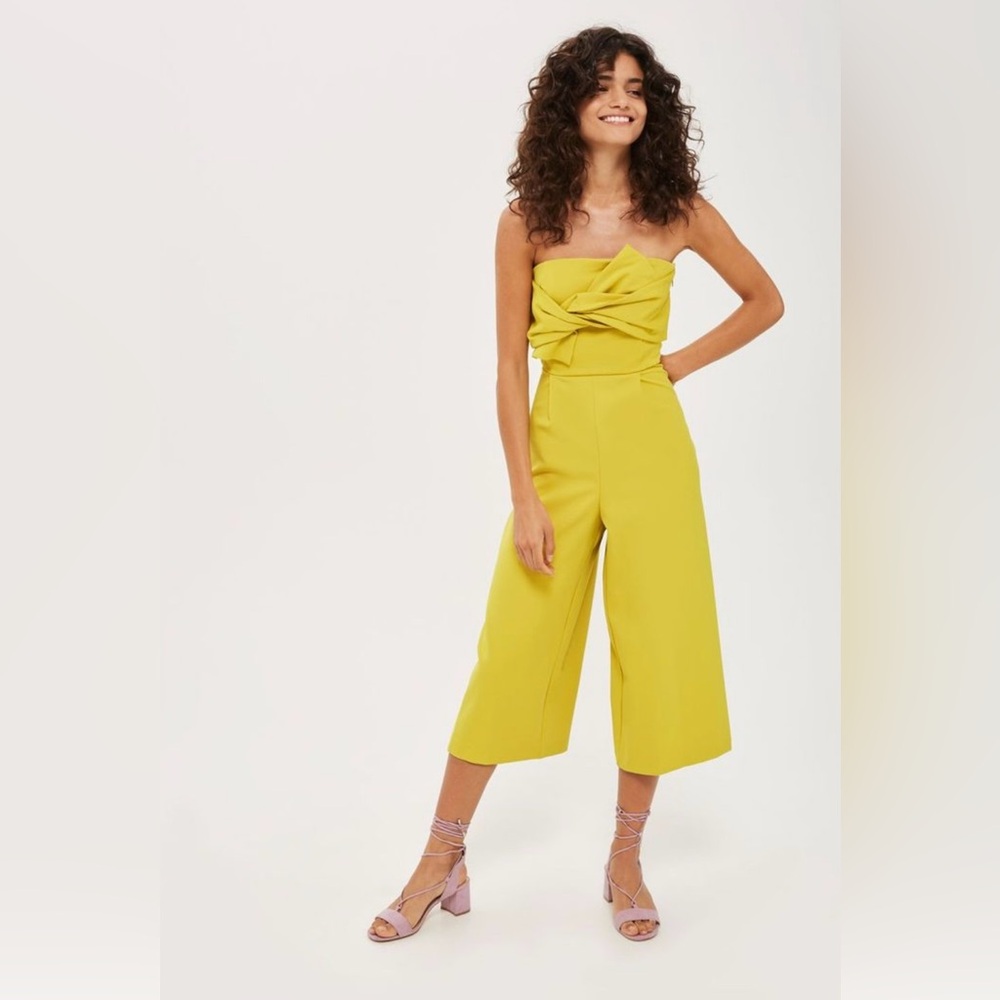 Topshop Bandeau Tie Front Jumpsuit - chartreuse